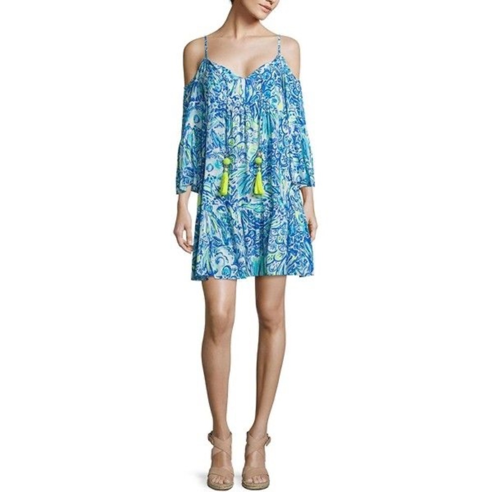 Lilly Pulitzer Blue Beach Cover Up Long Sleeve Cold Shoulder Dress XXS